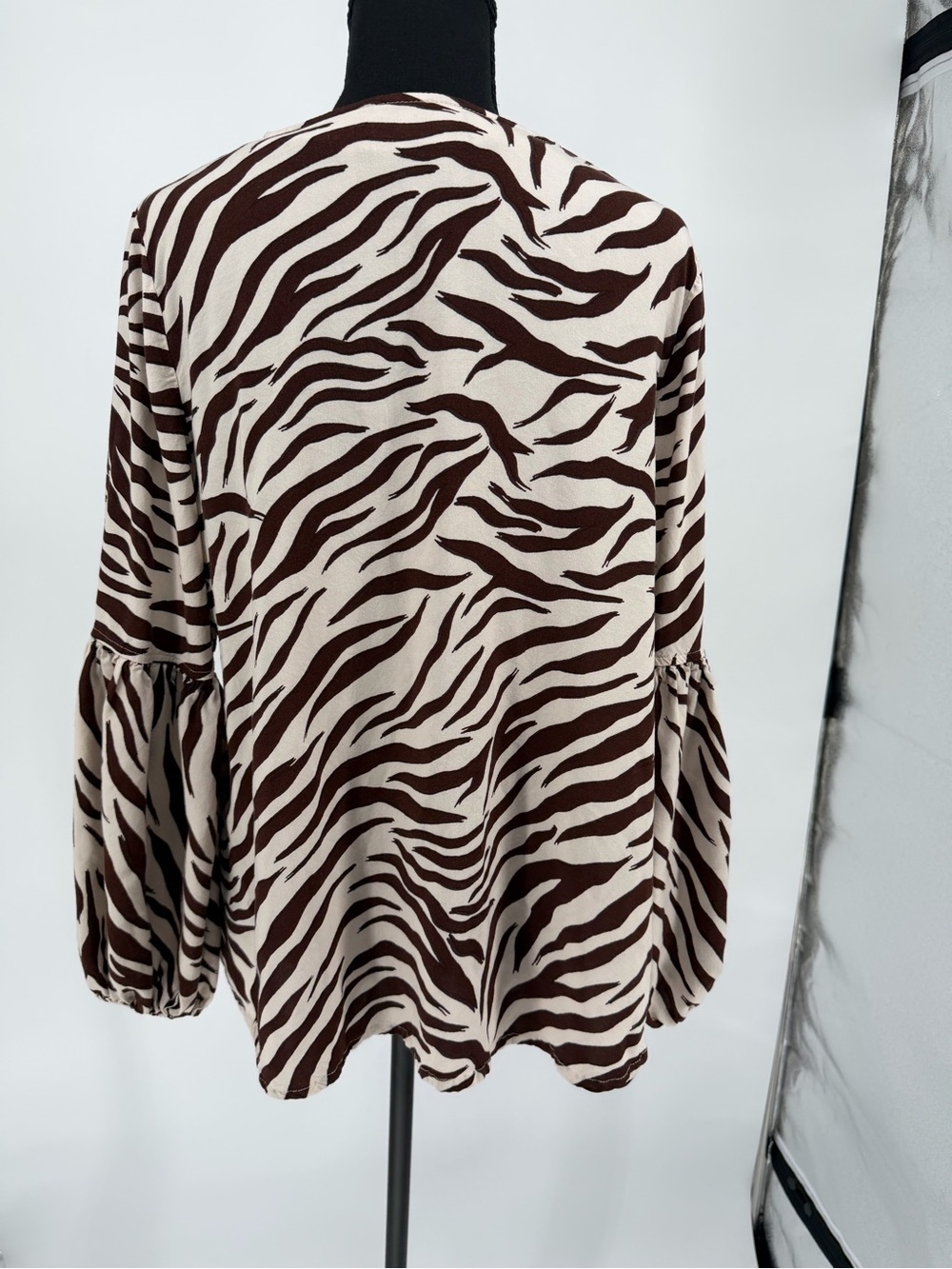 Women's Brown Zebra Print V-Neck Blouse with pockets and ties - Picture 8 of 10